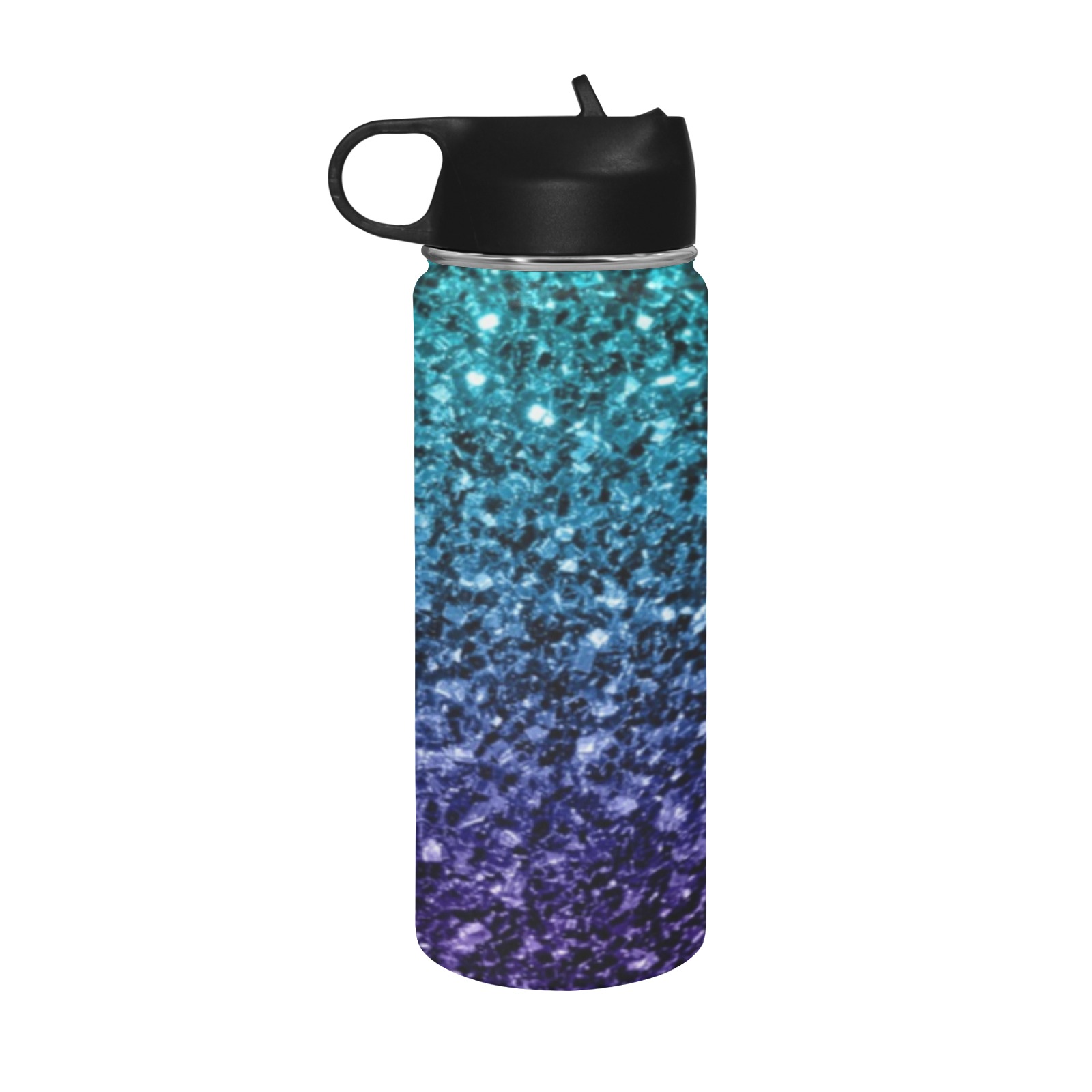 Aqua blue ombre faux glitter sparkles beautiful girly shiny bling design for her Insulated Water Bottle with Straw Lid (18 oz)