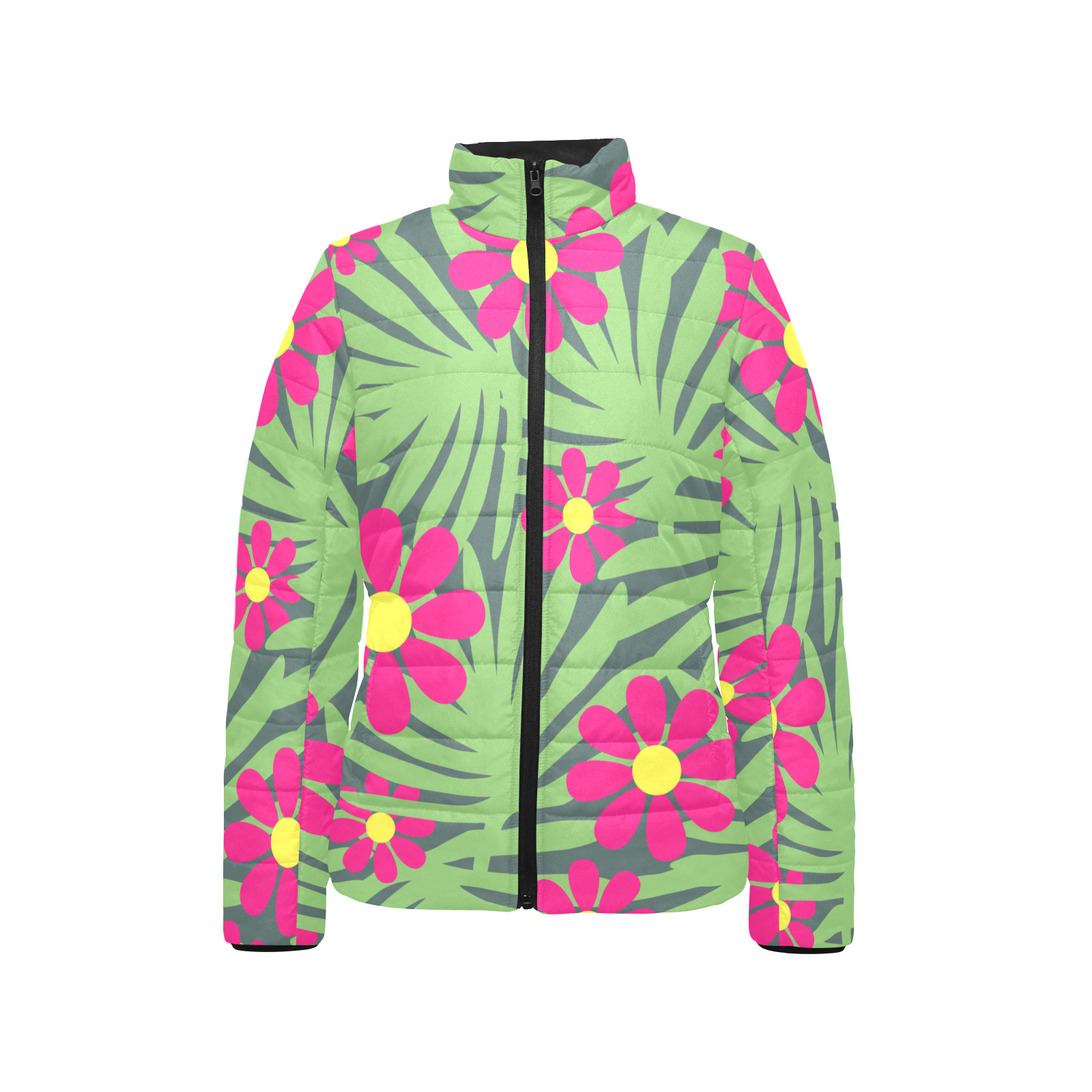 Pink Exotic Paradise Jungle Flowers and Leaves Women's Stand Collar Padded Jacket (Model H41)