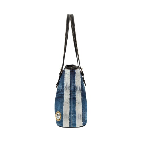 blue and white striped pattern Leather Tote Bag/Large (Model 1651)