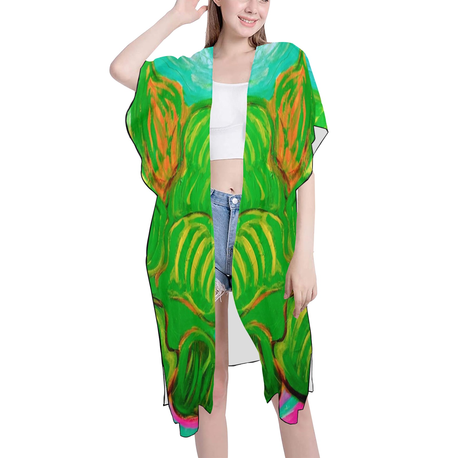 Green Leaf in Green Collection Mid-Length Side Slits Chiffon Cover Ups (Model H50)