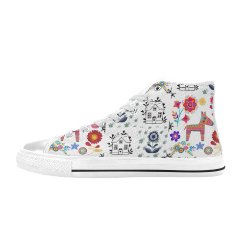 Alpaca Pinata With Blue House and Flowers Pattern High Top Canvas Shoes for Kid (Model 017)