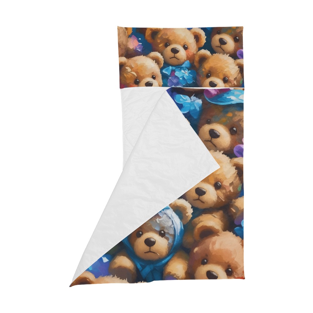 Toy teddy bears, blue ribbons, flowers cool art. Kids' Sleeping Bag