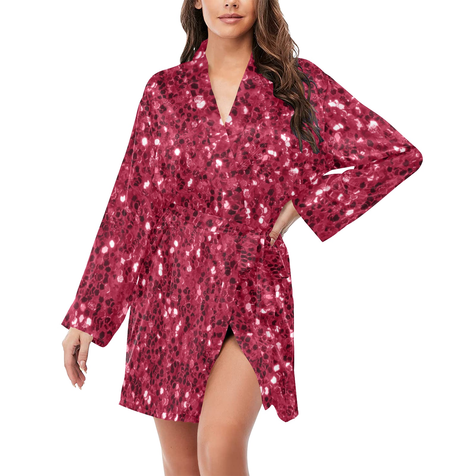 Magenta dark pink red faux sparkles glitter Women's Long Sleeve Belted Night Robe