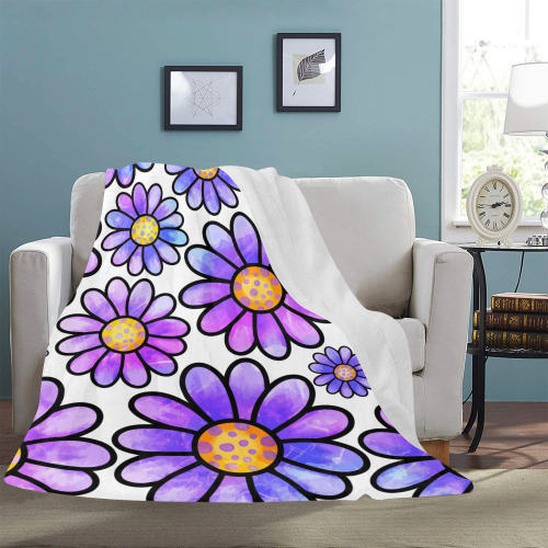 Lilac Watercolor Doodle Daisy Flower Pattern Ultra-Soft Micro Fleece Blanket 60"x80"