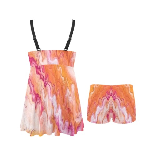 Orange Pink and White Swirl Chest Pleat Swim Dress (Model S31)