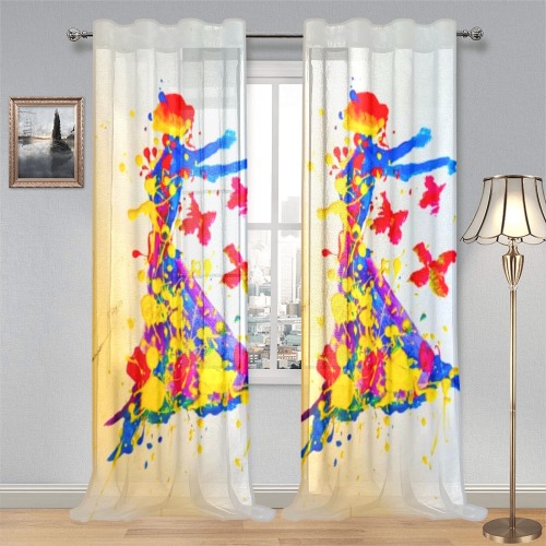 fly away abstract woman Gauze Curtain 28"x95" (Two-Piece)