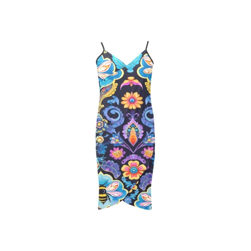 Buzzing Bumblebee Garden Floral Pattern Spaghetti Strap Backless Beach Cover Up Dress (Model D65)