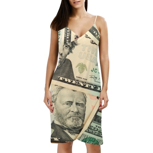 US PAPER CURRENCY Spaghetti Strap Backless Beach Cover Up Dress (Model D65)