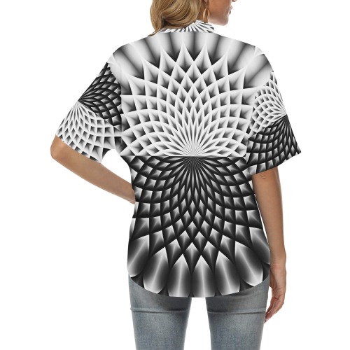Lotus Flower Mandala Black Grey White All Over Print Hawaiian Shirt for Women (Model T58)