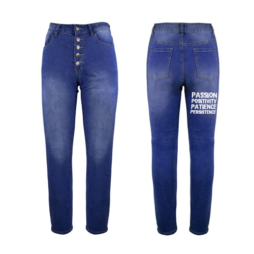 Passion, positivity, patience, persistence white Women's Jeans (Back Printing)
