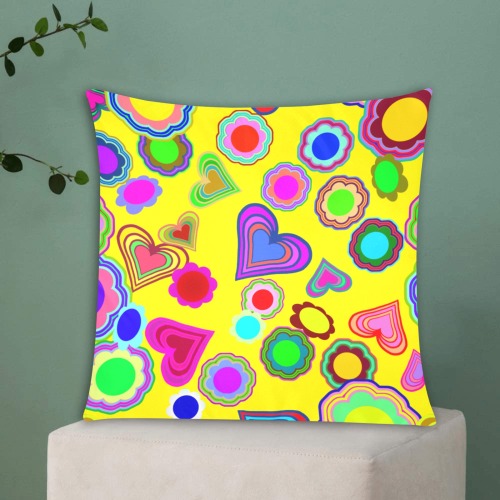 Groovy Hearts Flowers Pattern Yellow Custom Zippered Pillow Cases 18"x18" (Two Sides)