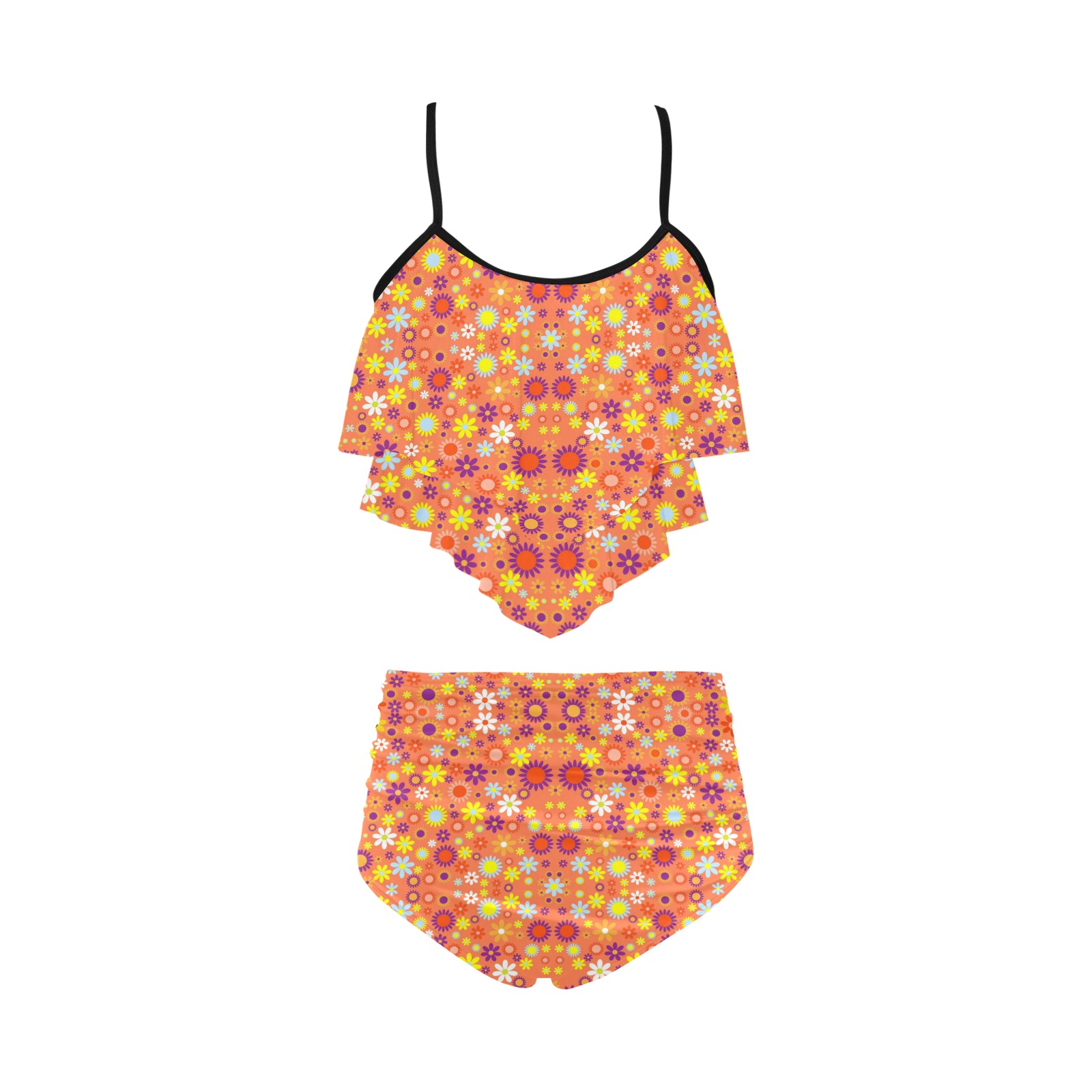 Floral Pattern Living Coral High Waisted Double Ruffle Bikini Set (Model S34)