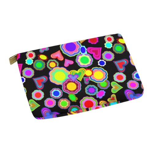 Groovy Hearts and Flowers Black Carry-All Pouch 12.5''x8.5''