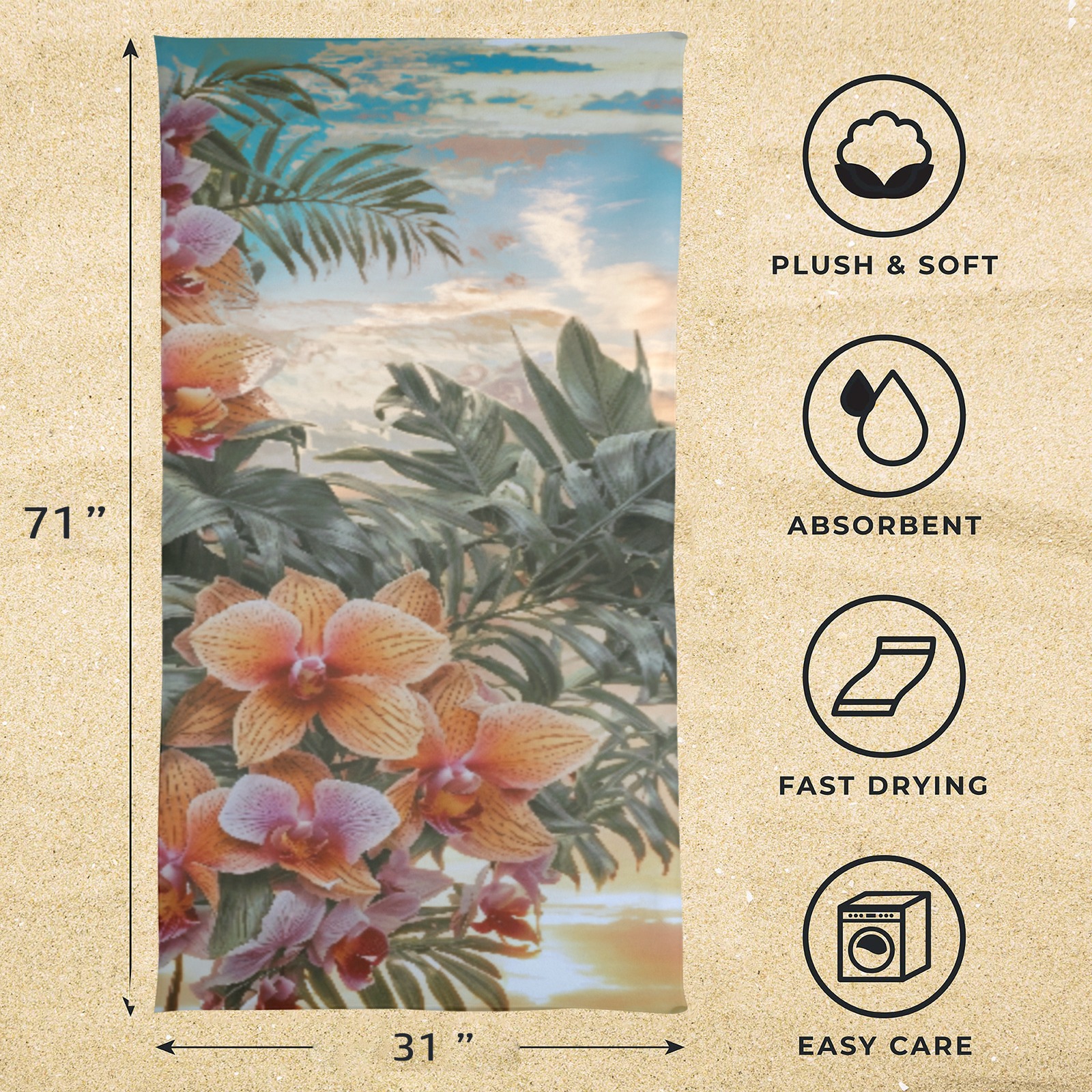 Windward Side_Floral Sunrise_Beach Towel_Hawaiian Shirt Pattern_AOP_001e_PNG Beach Towel 31"x71"(NEW)