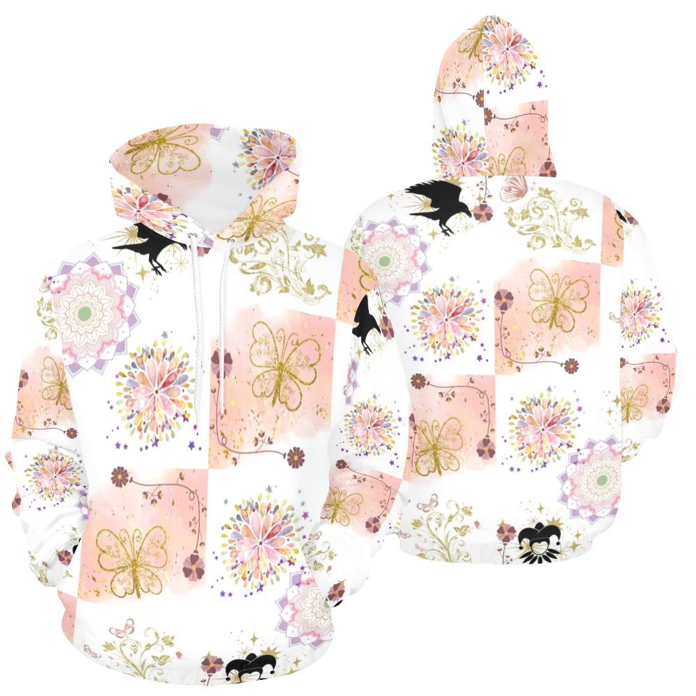 Harlequin and Crow Magical Garden Fairy Tale Fantasy Design All Over Print Hoodie for Women (USA Size) (Model H13)