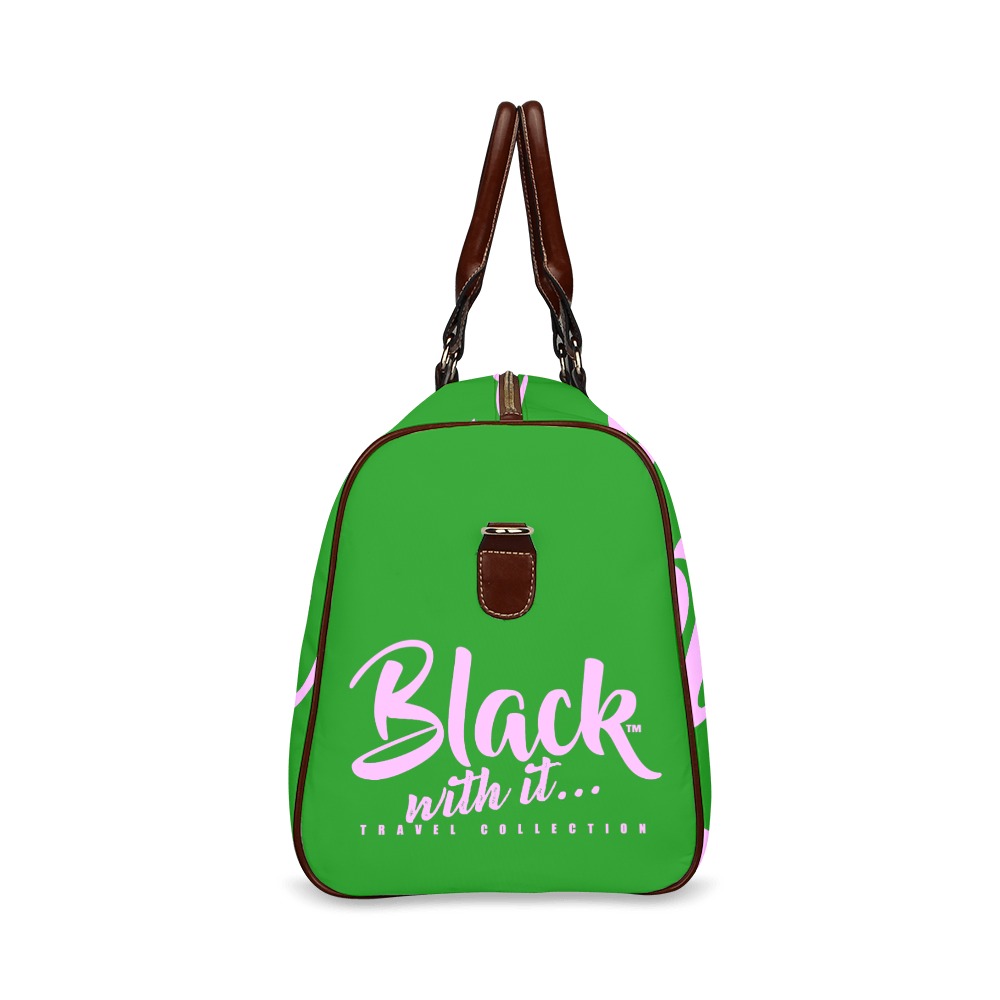 BWi Travel Bag: Green w/ Pink Font (Brown Leather Straps) Waterproof Travel Bag/Large (Model 1639)