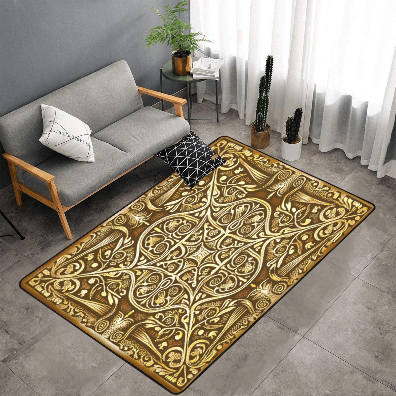 damask pattern, gold and brown Area Rug with Black Binding 7'x5'