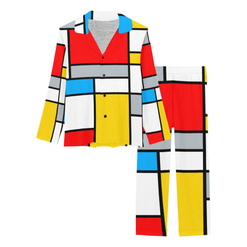 Mondrian Style Color Composition Geometric Retro Art Women's Long Pajama Set