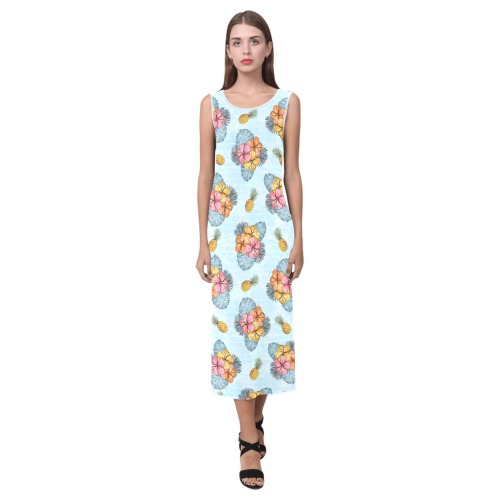 Summer Tropical Hibiscus Pattern Phaedra Sleeveless Open Fork Long Dress (Model D08)