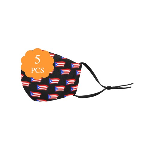 Puerto Rican Flags Black 3D Mouth Mask with Drawstring (Pack of 5 & 10 Filters Included) (Model M04)