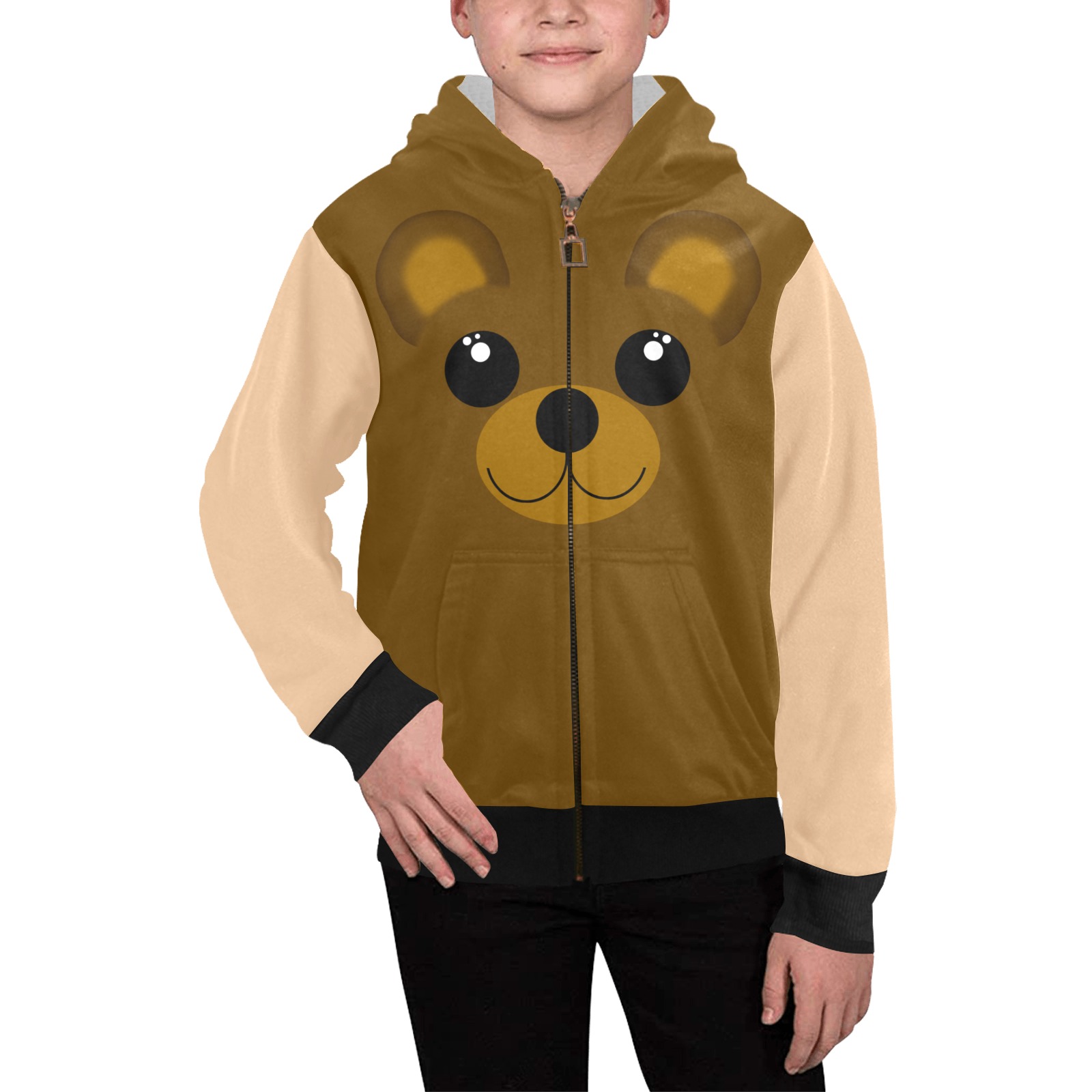 Kawaii Brown Bear / Tan Kids' All Over Print Full Zip Hoodie (Model H39)