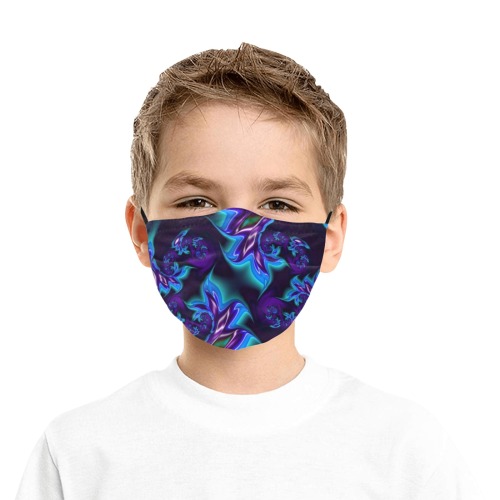 Aqua Blue and Purple Flowers Fractal Abstract Pleated Mouth Mask for Kids (Model M08)
