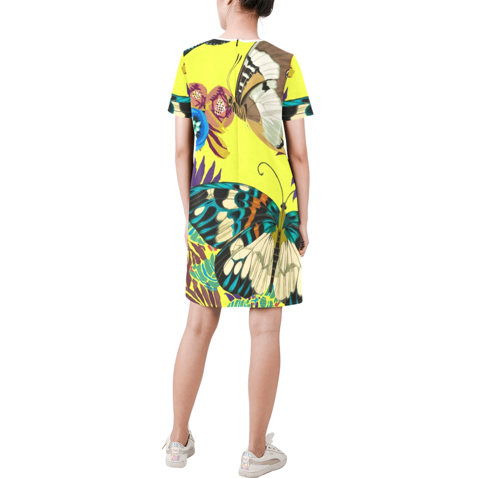 Bright Butterfly Short-Sleeve Round Neck A-Line Dress (Model D47)