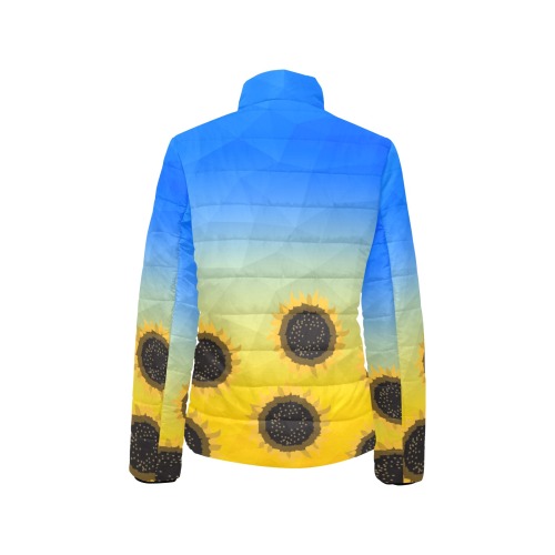 Ukraine yellow blue geometric mesh pattern Sunflowers Women's Stand Collar Padded Jacket (Model H41)