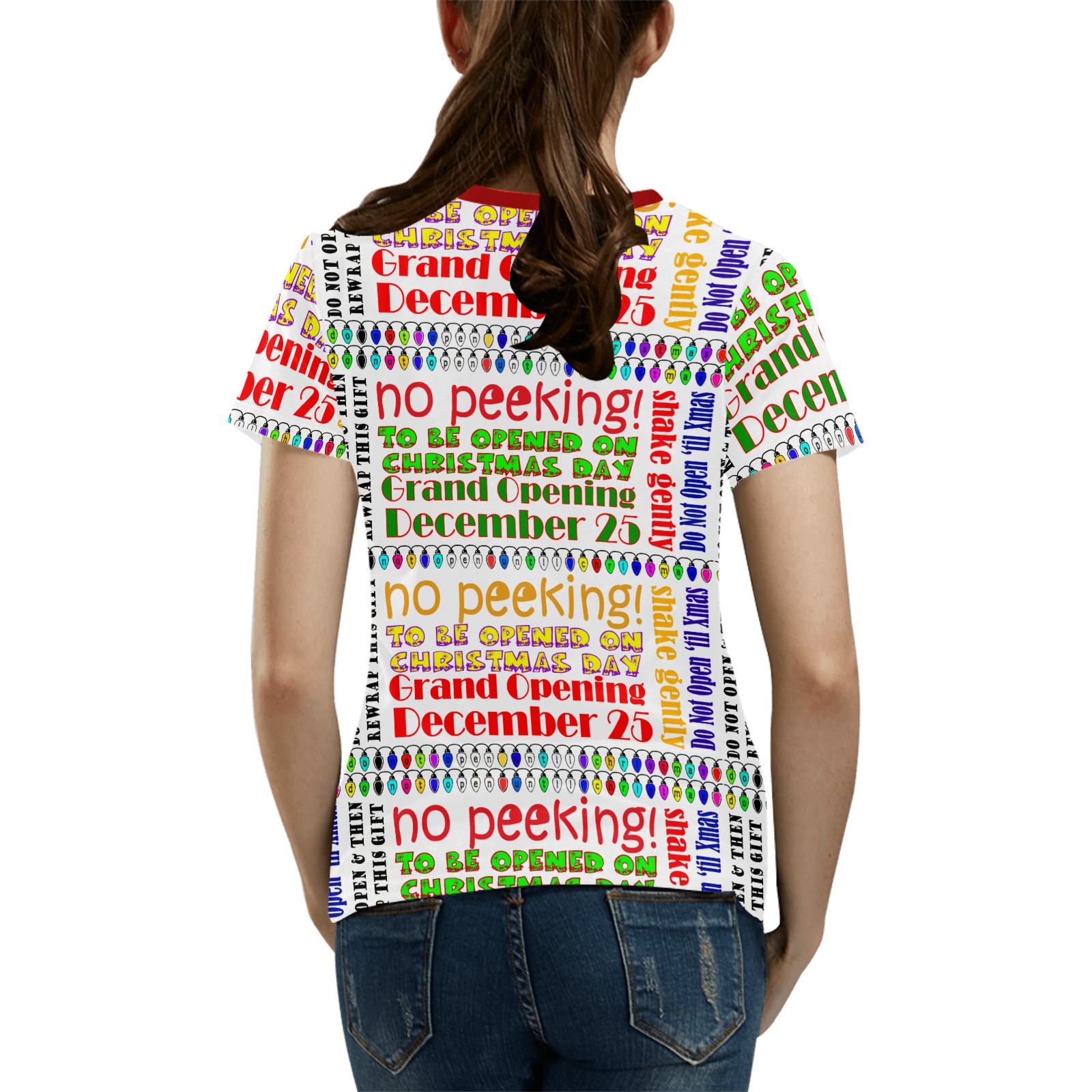 DO NOT OPEN TIL Christmas All Over Print T-Shirt for Women (Solid Color Neck) (Model T40)