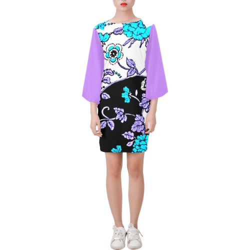 Lavender Turquoise Floral Swirl Pattern Bell Sleeve Dress (Model D52)