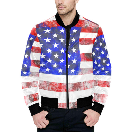 Extreme Grunge American Flag of the USA All Over Print Quilted Bomber Jacket for Men (Model H33)