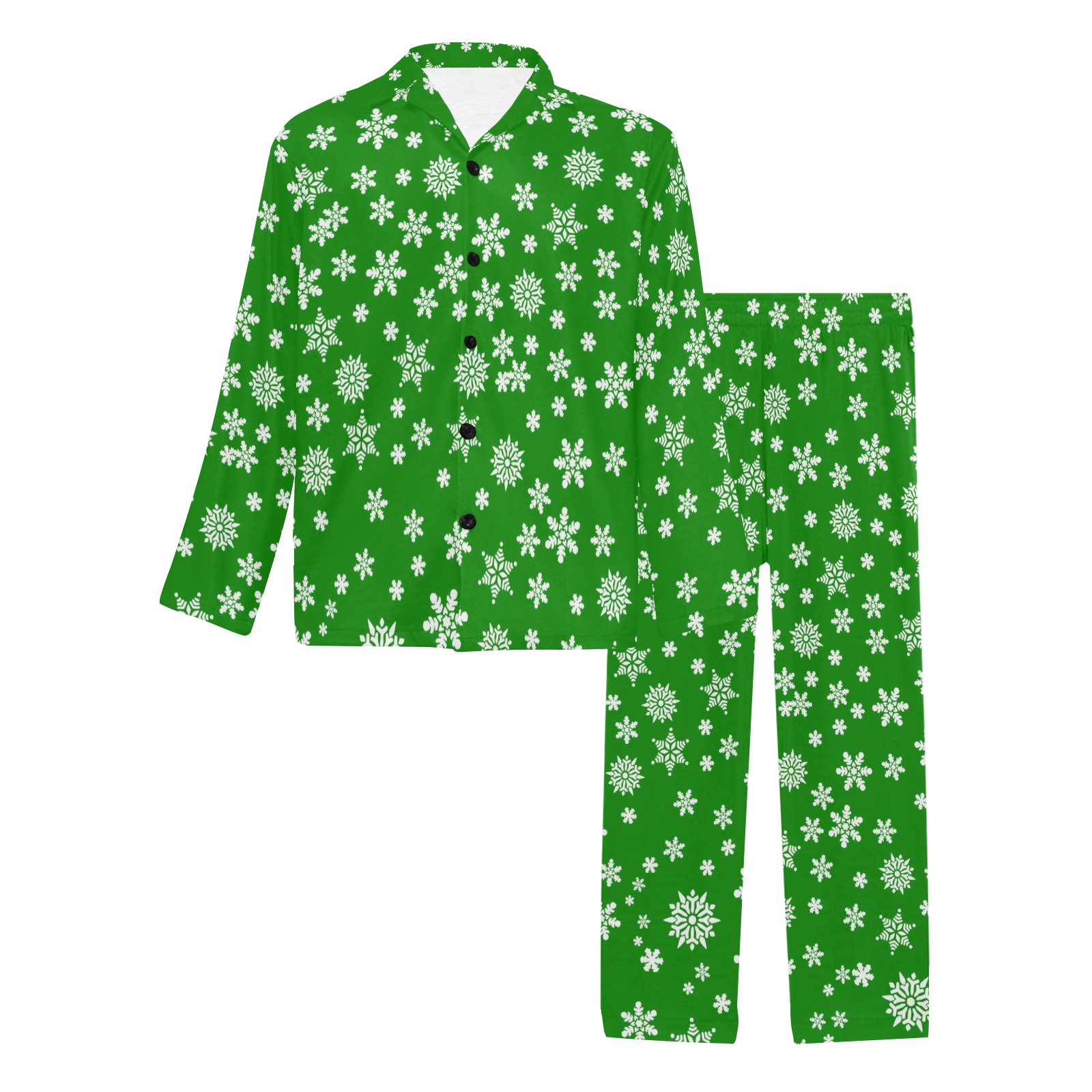 Christmas White Snowflakes on Green Men's V-Neck Long Pajama Set