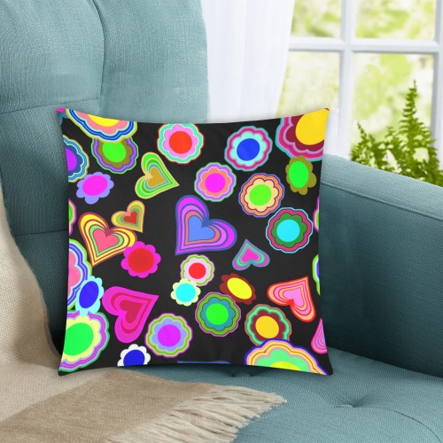 Groovy Hearts and Flowers Black Custom Zippered Pillow Cases 16"x16" (Two Sides)