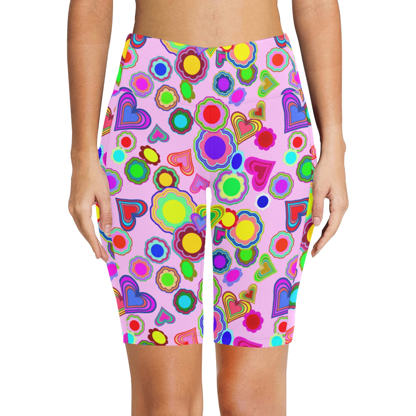 Groovy Hearts and Flowers Pink Women's Workout Half Tights (Model L42)