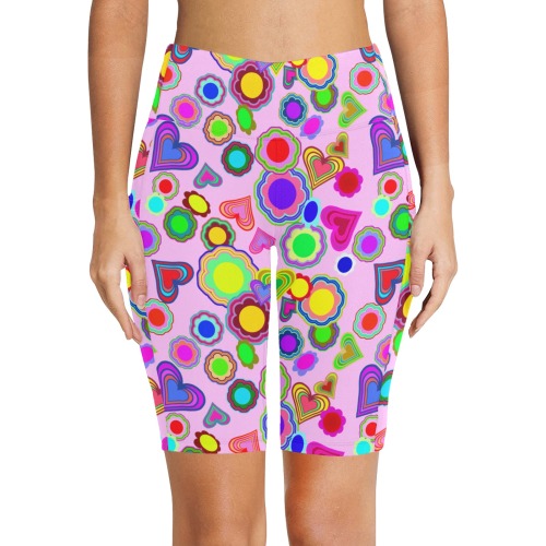 Groovy Hearts and Flowers Pink Women's Workout Half Tights (Model L42)