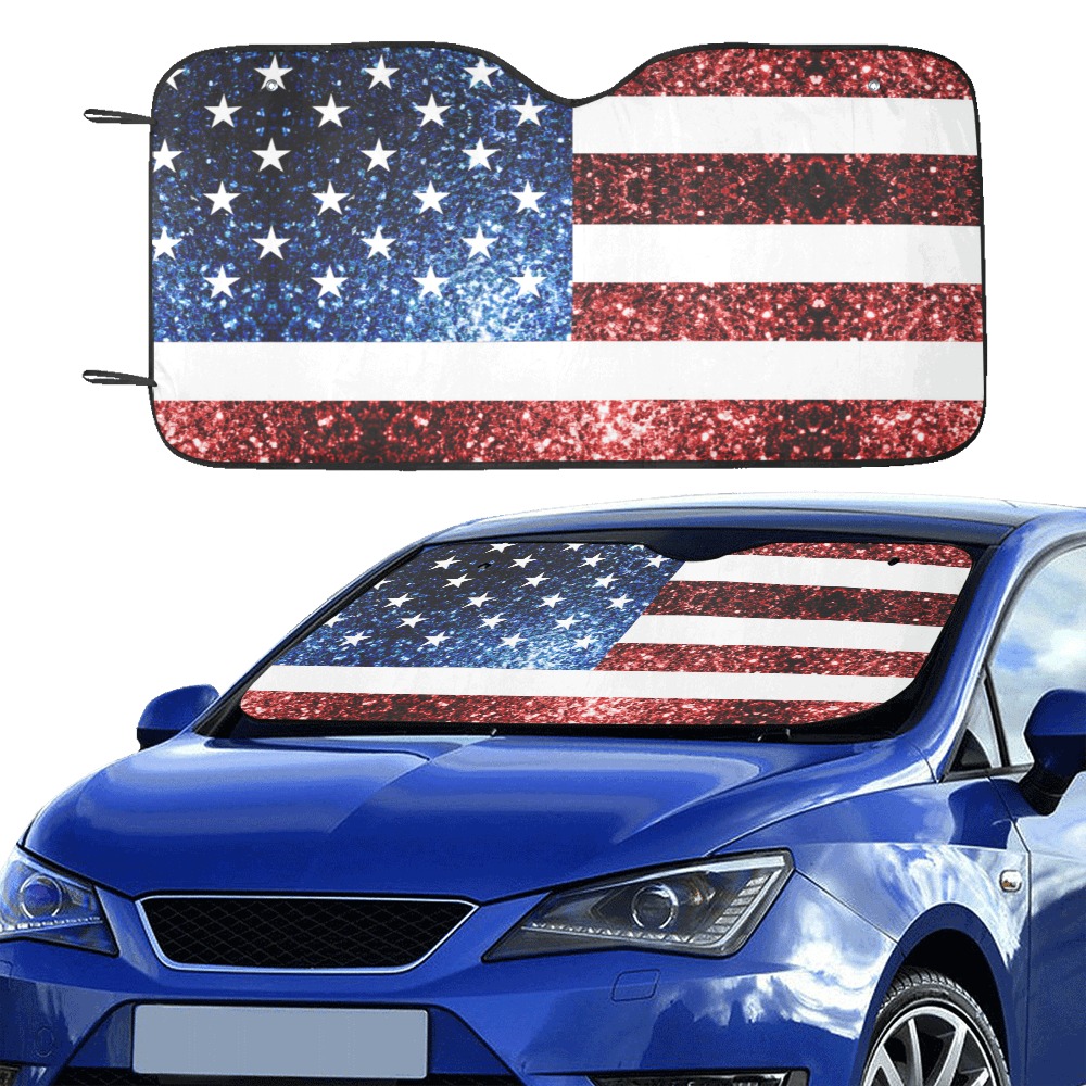 Sparkly USA flag America Red White Blue faux Sparkles patriotic bling 4th of July Car Sun Shade 55"x30"