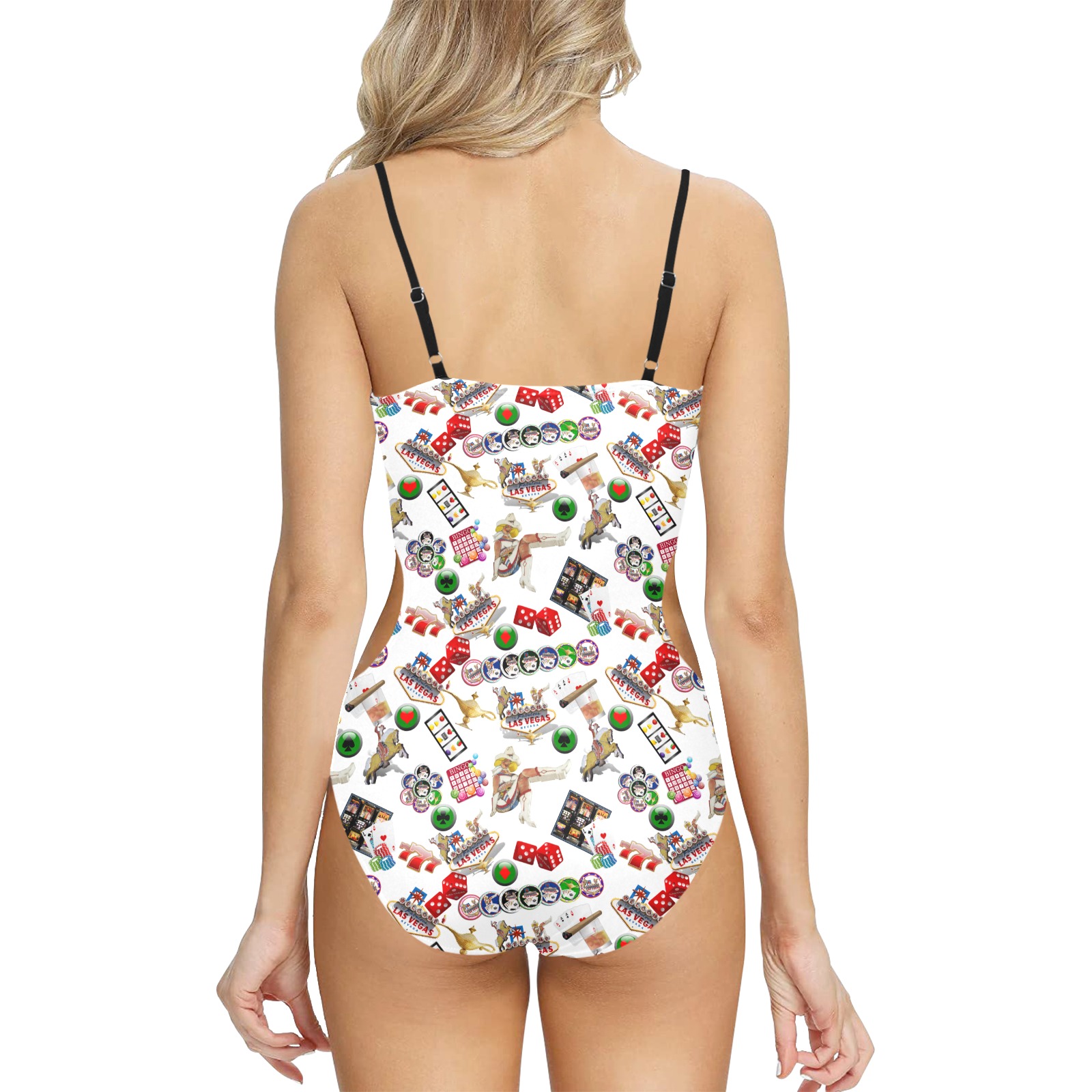 Las Vegas Icons - Gamblers Delight / White Spaghetti Strap Cut Out Sides Swimsuit (Model S28)