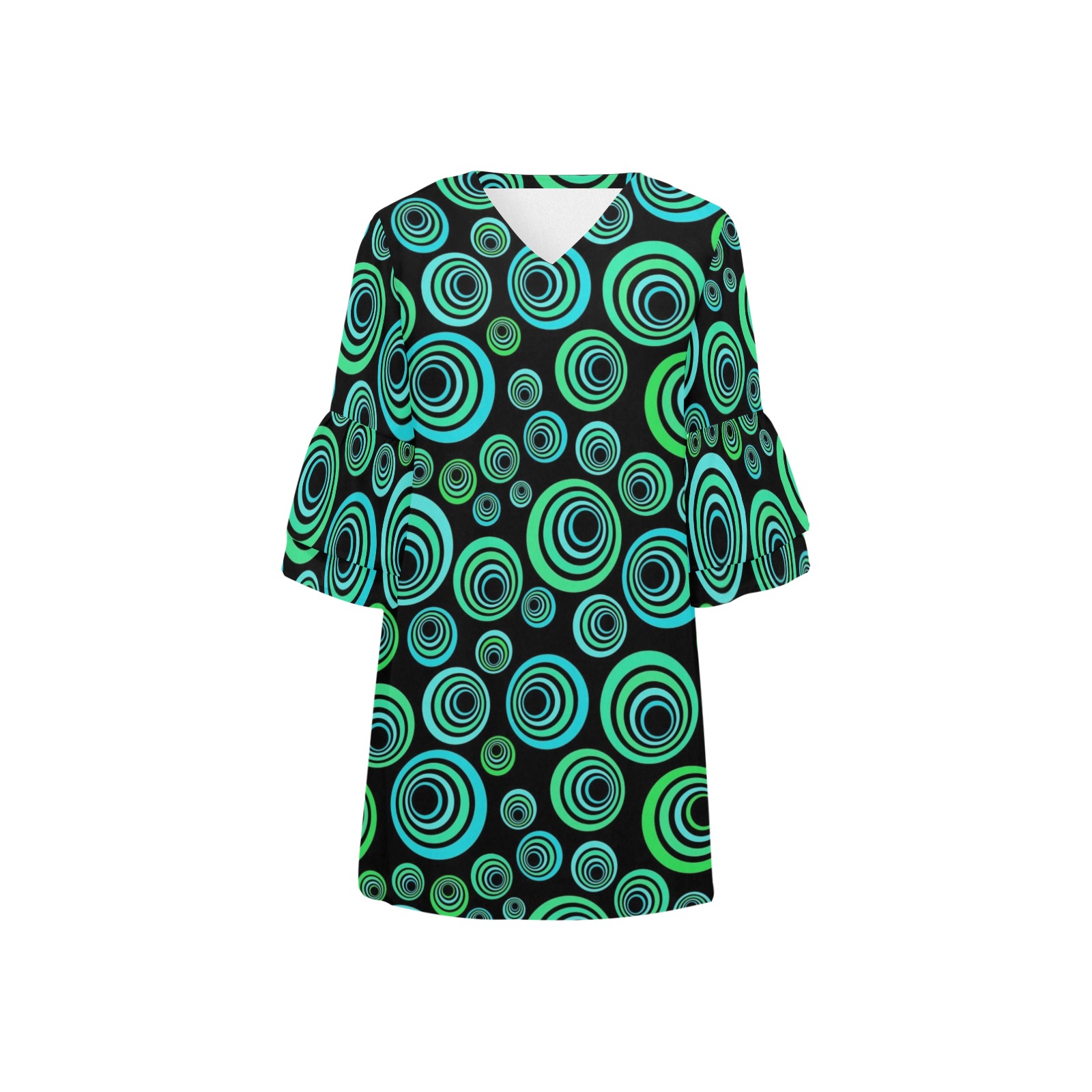 Retro Psychedelic Pretty Green Pattern Half Sleeves V-Neck Mini Dress (Model D63)