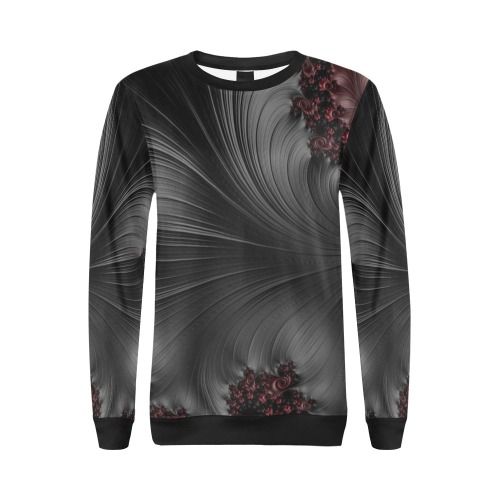 Black and Maroon Fern Fronds Fractal Abstract All Over Print Crewneck Sweatshirt for Women (Model H18)