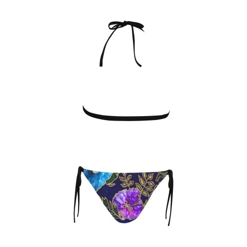 Dark Blue Floral Buckle Front Halter Bikini Swimsuit (Model S08)