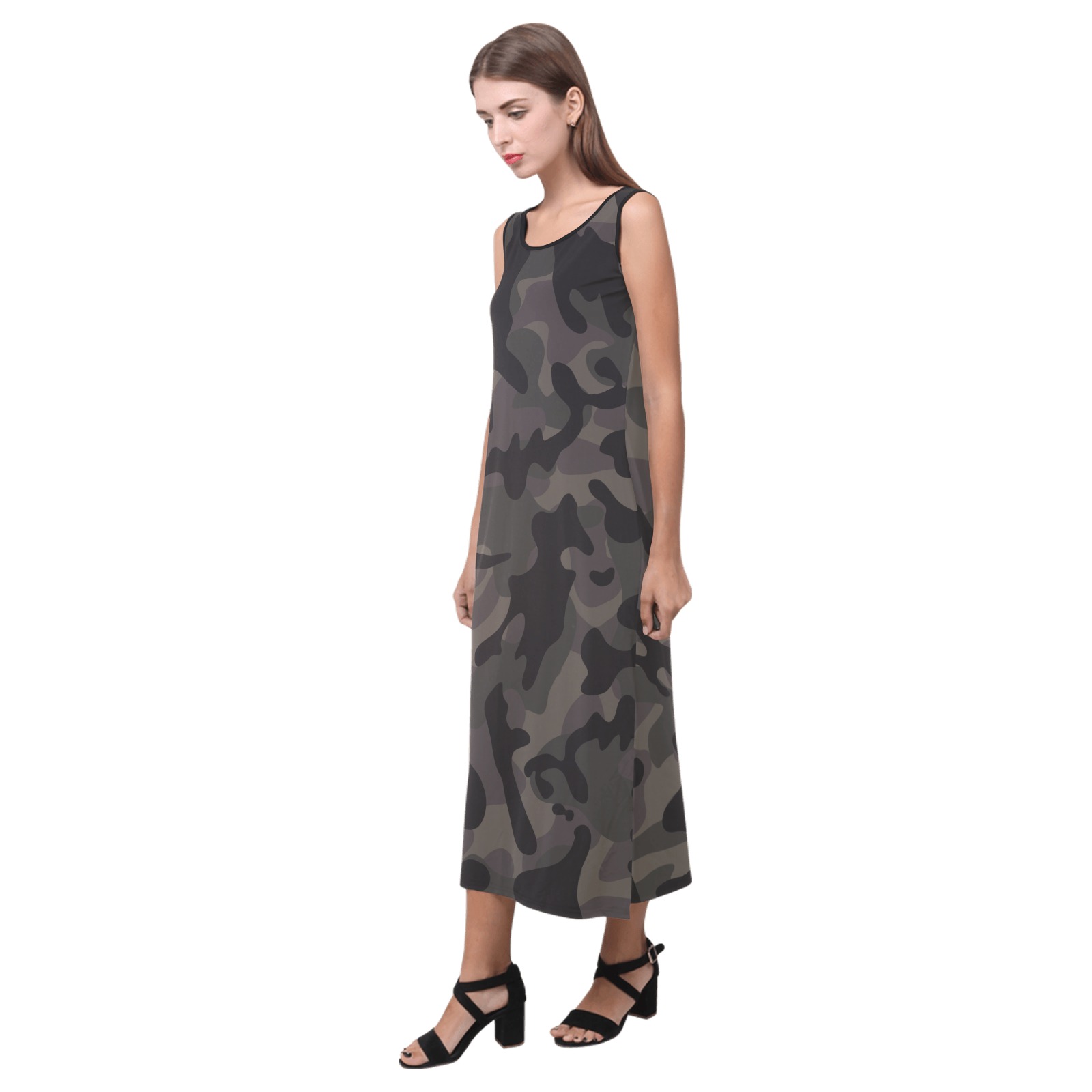 Night Ops Camo Pattern Phaedra Sleeveless Open Fork Long Dress (Model D08)