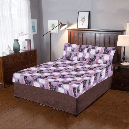 Purple Cosmic Cats Patchwork Pattern 3-Piece Bedding Set