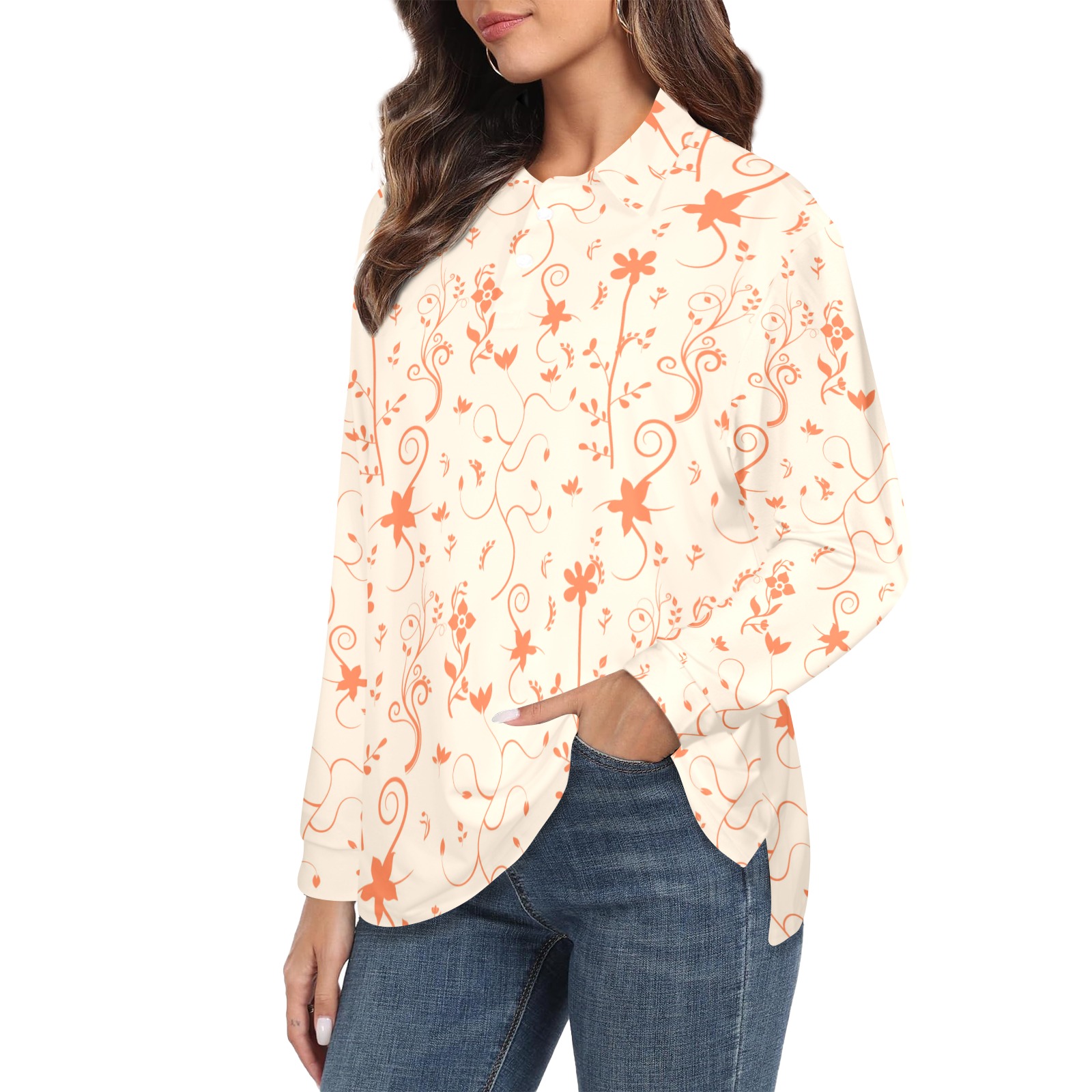 Living Coral Floral Pattern Women's Long Sleeve Polo Shirt (Model T73)