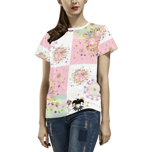 Secret Garden With Harlequin and Crow Patch Artwork All Over Print T-Shirt for Women (USA Size) (Model T40)