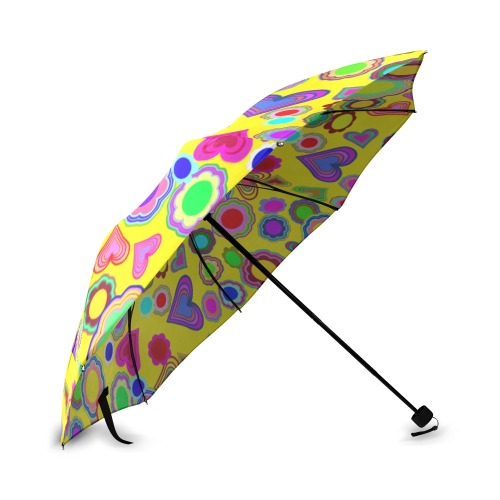 Groovy Hearts and Flowers Yellow Foldable Umbrella (Model U01)