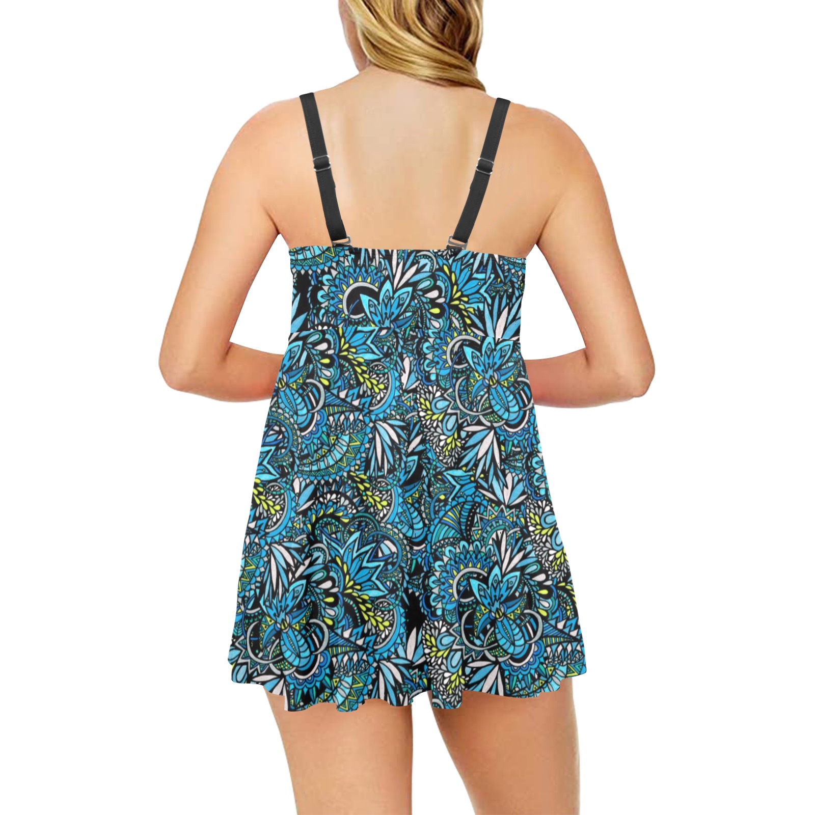 Cerulean Swirls Chest Pleat Swim Dress (Model S31)