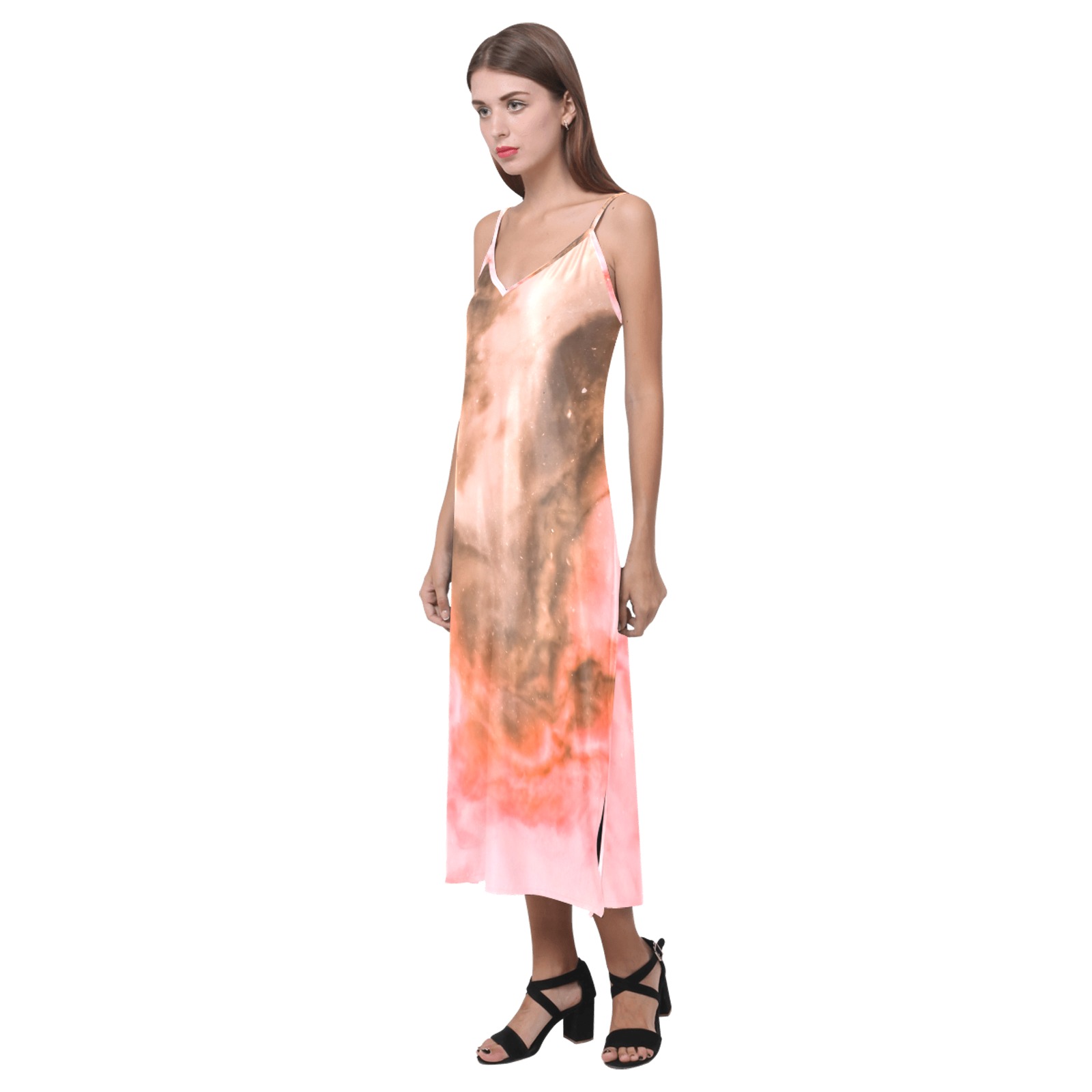 Pink marbled space 01 V-Neck Open Fork Long Dress(Model D18)