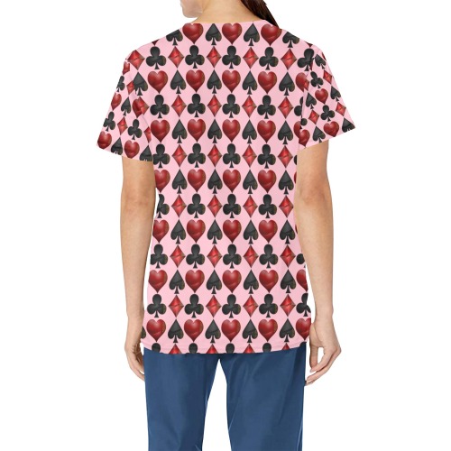 Black Red Playing Card Shapes Pink All Over Print Scrub Top