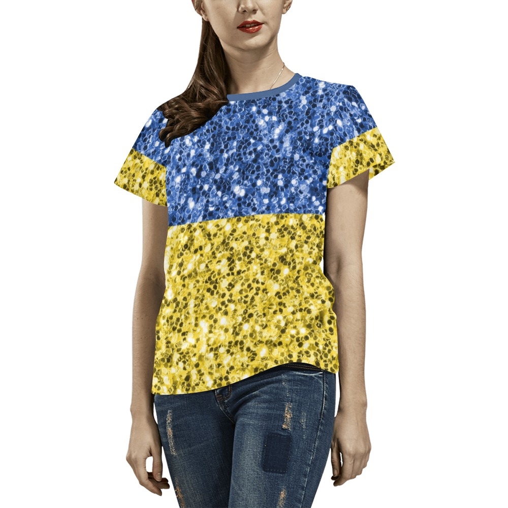 Blue yellow Ukraine flag glitter faux sparkles All Over Print T-Shirt for Women (USA Size) (Model T40)