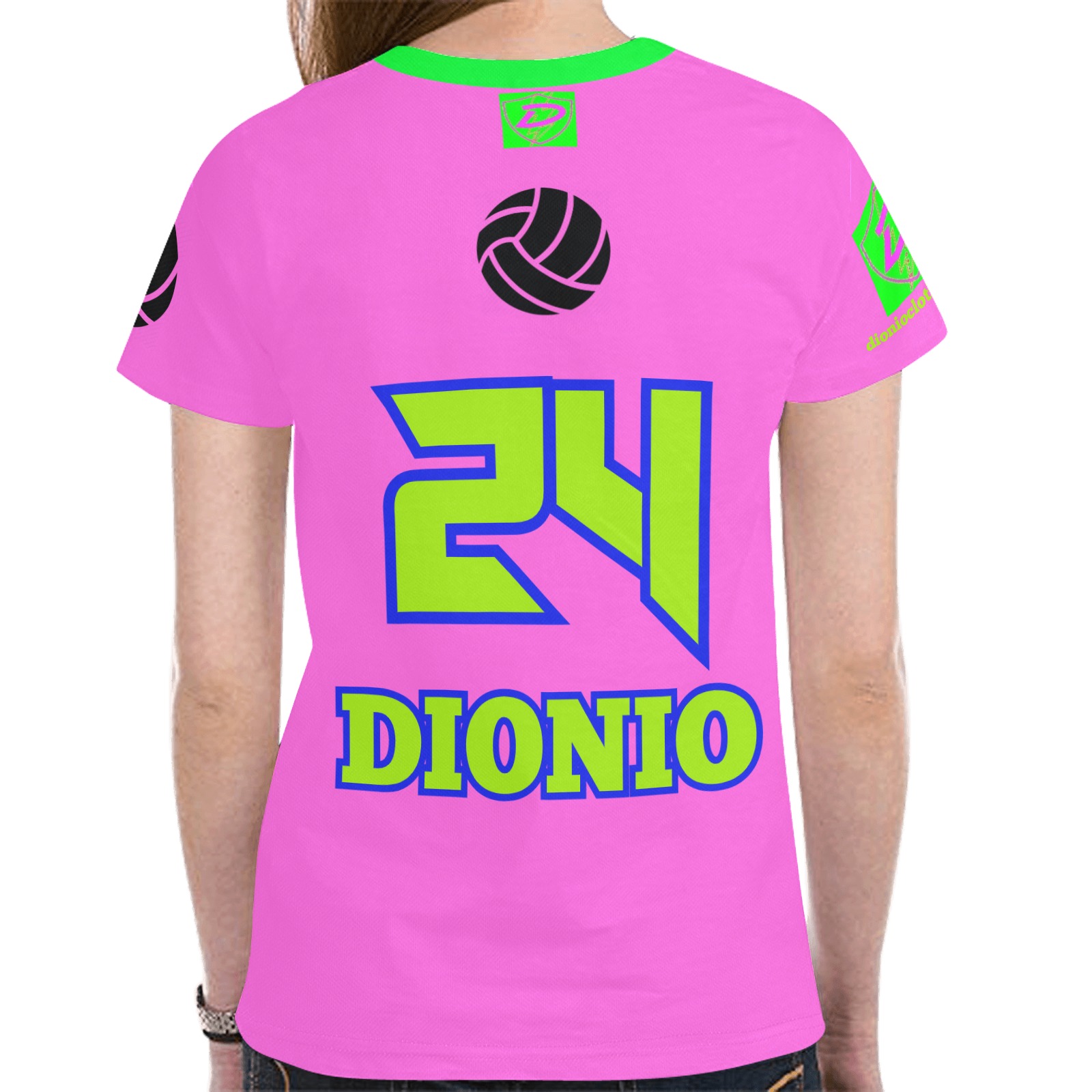 DIONIO Clothing - Ladies' #24 Volleyball T-Shirt/Jersey (Neon & Pink D-Shield Logo) New All Over Print T-shirt for Women (Model T45)